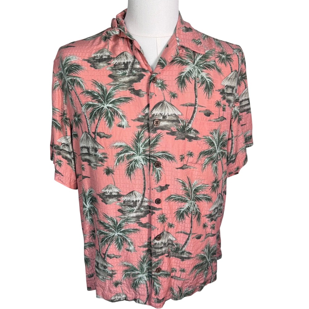 CARRIBEAN Men's‎ Large Salmon Pink Coral Silk Palm Tree Tropical Hut Camp Shirt